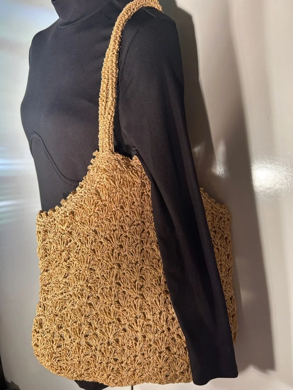 Xhilaration Crochet Raffia & Gold Metallic Tote Bag Boho Travel Beach Cottage